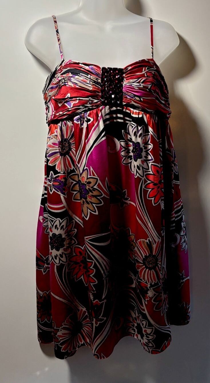 OC By OC Oleg Cassini Y2K 100% Silk Floral Dress Jewel Tones Beaded Midi Size 6